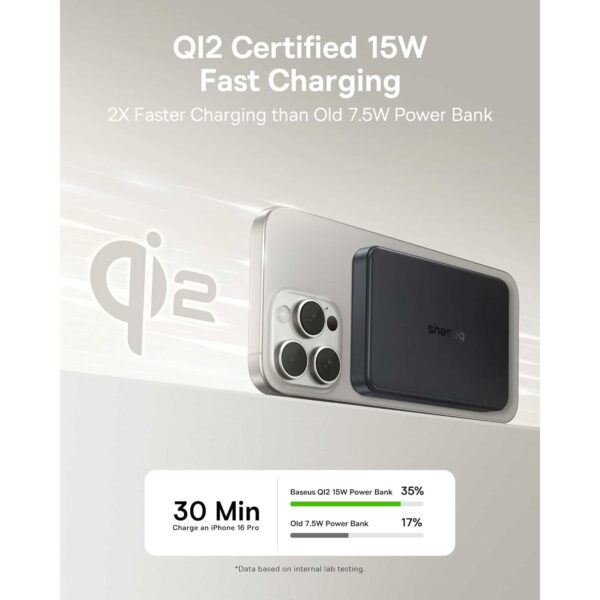 پاوربانک وایرلس مگنتی باسئوس مدل Airpow 2 Qi2 ظرفیت 10000 میلی آمپر ساعت توان 22.5 وات