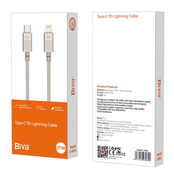 کابل lightning به Type-C بیوا C40CL طول 1 متر توان 27 وات