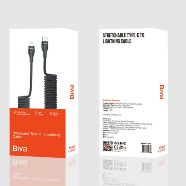 کابل lightning به Type-C فنری بیوا مدل C25CL توان 20 وات
