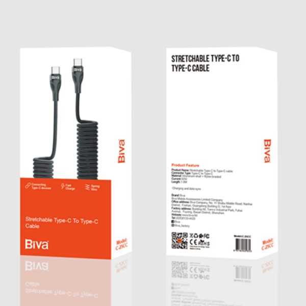 کابل فنری Type-C به Type-C بیوا مدل C25CC طول 1.8متر توان 60 وات