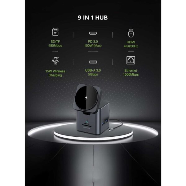 هاب و پایه شارژ بی سیم گرین لاین مدل 9in1 HUB Docking Station GN9IN1HUBBK
