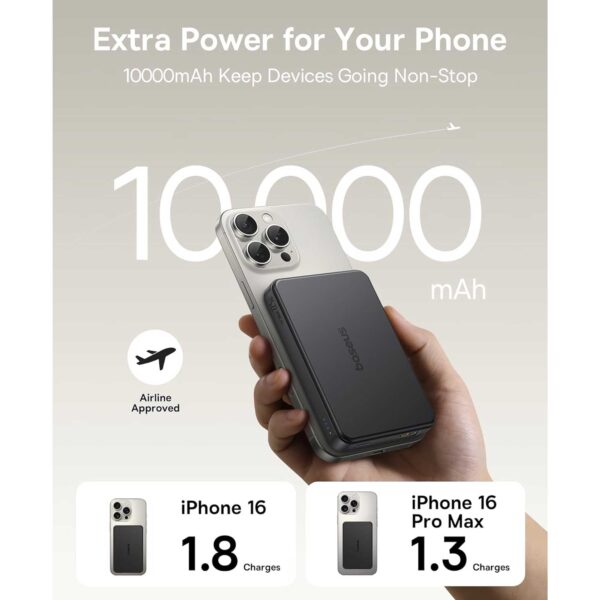 پاوربانک وایرلس مگنتی باسئوس مدل Airpow 2 Qi2 ظرفیت 10000 میلی آمپر ساعت توان 22.5 وات