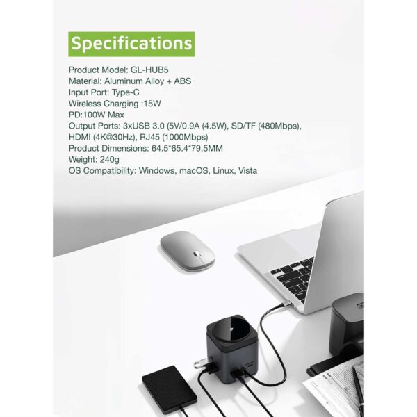هاب و پایه شارژ بی سیم گرین لاین مدل 9in1 HUB Docking Station GN9IN1HUBBK